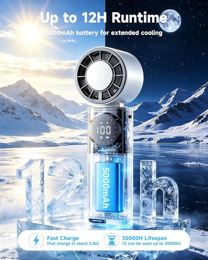 Handheld Turbo Fan 5000mAh Cooling Fan with TEC Semiconductor Fast Chilling, 5 Speeds, 135° Foldable & 360° Airflow, USB Output for Phone Charging, Portable Desktop or Neck Fan for Travel Outdoor Home
