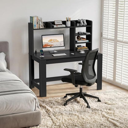 WINAZ 43" Black Gaming Desk with Hutch and Built-in Power Outlet | Modern Computer Desk with 3-Tier Storage Shelves and Hutch, Space-Saving Writing Table for Home Office