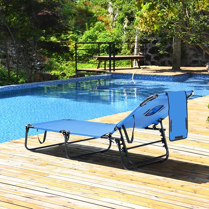 GYMAX Tanning Chair, 350lbs Beach Lounge Chair with Face Hole, Washable Pillow & Carry Strap, Adjustable Folding Chaise Lounge, Layout Lounger for Outside, Patio, Poolside, Lawn (1, Blue)