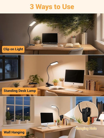 Clip on Light,9 Brightness+5 Color Rechargeable Lamp,48 LED Small Desk Lamp | 4000mAh Battery Powered Lamp,450 Lumen Clamp Light, Wireless & Cordless Book Reading Light for Bed/Bedside Table/Bedroom/Dorm