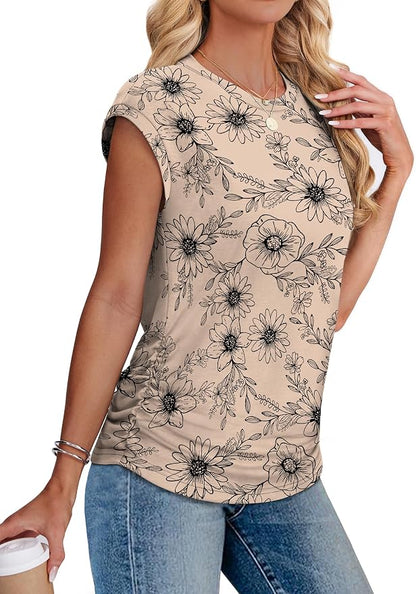 Sampeel Womens Summer Tops Trendy 2026 Ruched Cap Short Sleeve Tshirts Shirts Crew Neck T Shirts Fashion