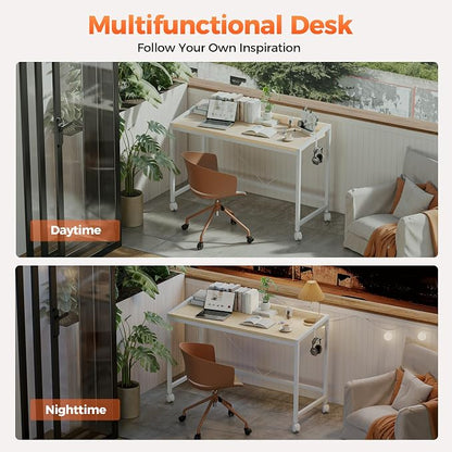 Mericonia 47x20 Inch Small Computer Desk with Wheels & Rear Lip | Simple Rolling Desk, Writing Table for Home Office Bedroom Work Study, Oak