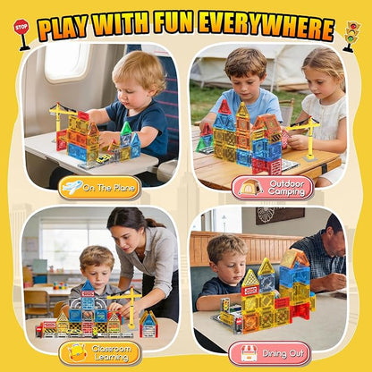 Magnetic Tiles - Construction Toys, Road Set Outdoor Travel Toys with Magnetic Crane & Car for Boys Age 3-5 4-8 8-10, Mini Magnet Building Blocks with Crane, Road, Traffic Lights, STEM Sensory Gifts