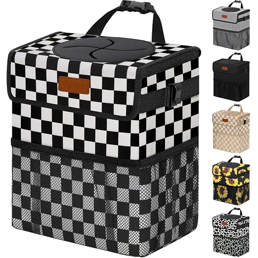 Vankor Car Trash Can Bin with Lid Hanging for Back Seat, Car Accessories for Women Men Leak Proof Automotive Garbage Cans Leakproof Vehicle Trash Can for Truck SUV,Black White Checkered