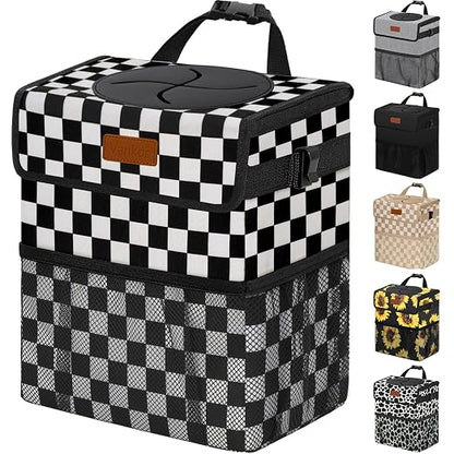 Vankor Car Trash Can Bin with Lid Hanging for Back Seat, Car Accessories for Women Men Leak Proof Automotive Garbage Cans Leakproof Vehicle Trash Can for Truck SUV,Black White Checkered