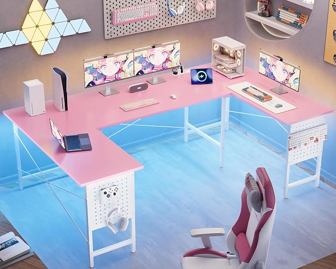 Pamray 71 Inch Large Gaming Desk with Power Outlets U Shaped Computer Desk | Spacious Workspace with USB Charging Ports & Pegboard & Headphone Hooks Suitable for PC Gaming Office Work Study and Writing