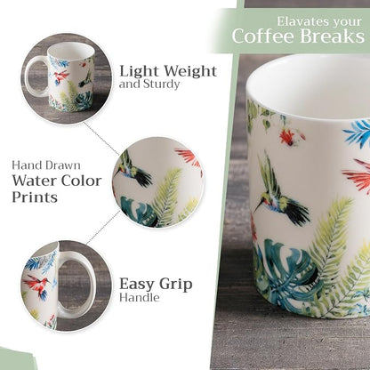 Maison d' Hermine Coffee Mug with Handles Tea Cups (15 Ounce, Pack of 1) | Fine Bone China Coffee Mugs for Hot Beverages Cappuccino Latte Home Restaurant Hotel Spring Summer -Tropiques - Colibris