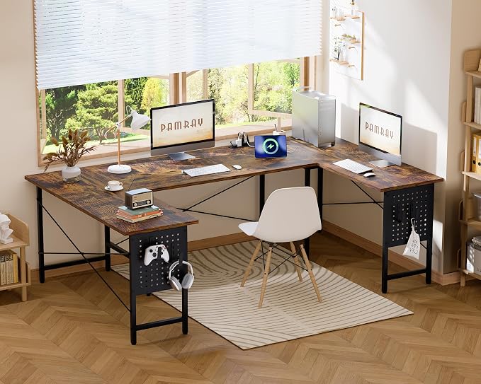 Pamray 71 Inch Large Gaming Desk with Power Outlets U Shaped Computer Desk | Spacious Workspace with USB Charging Ports & Pegboard & Headphone Hooks Suitable for PC Gaming Office Work Study and Writing