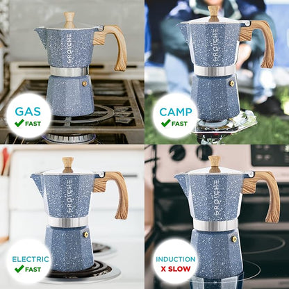 GROSCHE Milano Moka pot, Stovetop Espresso maker, Greca Coffee Maker, Stovetop coffee maker and espresso maker percolator (Indigo, 9 cup) | Cuban Coffee Maker And Italian Moka Pot For Stovetop Espresso; For Gas, Electric, And Propane Stoves With A Soft...