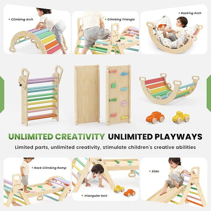 BlueWood Pikler Triangle Set with Cushion - Climbing Toys for Toddlers 9-in-1, Montessori Philosophy Play Jungle Gym with Arch, Ramp, Ladder (Rainbow)