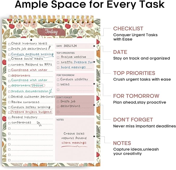 Taja To Do List Notepad, Undated Daily Planner for Work and Goal Setting | Cherry Orchard, 52 Sheets, 9.8" x 6.5" , for Office, Home and school, Daily Task Planning, Notes and Everyday Organization