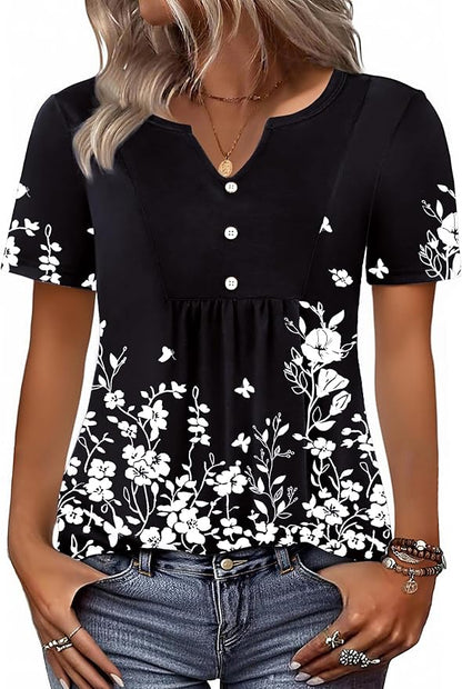 Zeagoo Womens Short Sleeve Tops Summer Henley V-Neck Tshirts Casual Pleated Blouse Dressy Loose Floral Basic Tee