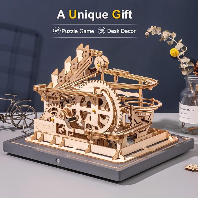 ROKR 3D Wooden Puzzles Marble Run Set - Mechanical Model Kit for Adults DIY Roller Coaster Toys Gifts for Adult (Marble Parkour)