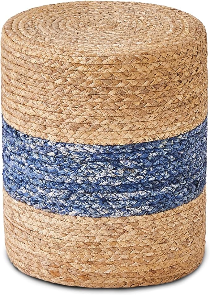 Wimarsbon Ottoman Foot Rest Stool Round Natural Seagrass Foot Stool Hand-Woven Boho Pouf Ottomans Home Decor Footstool Extra Seating for Living Room Bedroom Entryway Blue
