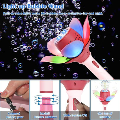 Panamalar Electric Bubble Wand for Kids, Light Up Automatic Bubble Machine Blower with Lights/10000+ Bubbles/120ml Solution, Rechargeable Flower Bubble Wand Maker Toys for Outdoor Party Wedding