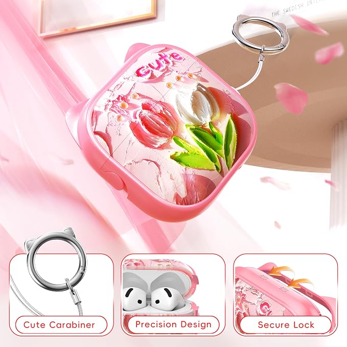 for AirPods 4 Case with Cleaning Kit, Cute Cat Ear Print Design & Cute Buckle, Inverted Phone Holder Design, Top Safe Lock Buckle Design, for Girls AirPods 4 case 2024, Tulip