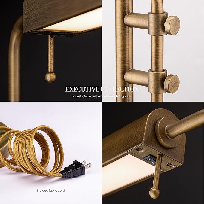 O'Bright Aurora LED Pharmacy Desk Lamp - Swing Arm, Industrial Design for Reading, Crafting, Work,10W LED, Adjustable Height 18.5-24.5 inches - Ideal for Living Room, Bedside, Office - Antique Brass