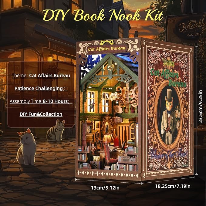 Book Nook DIY Kit for Adults Wooden 3D Puzzle Story 3D Bookend Bookshelf Decoration Miniature Doll House Interior Goods Gift,Cat Affairs Bureau