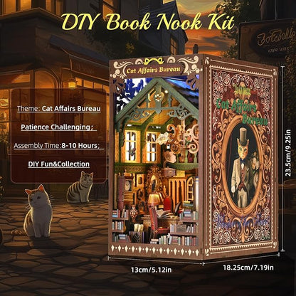 Book Nook DIY Kit for Adults Wooden 3D Puzzle Story 3D Bookend Bookshelf Decoration Miniature Doll House Interior Goods Gift,Cat Affairs Bureau