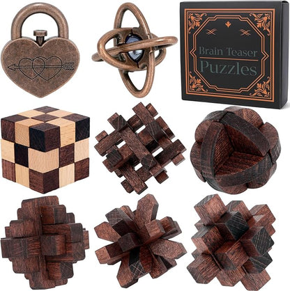 8 Pcs Brain Teaser Puzzles for Adults Teens - Metal Puzzles 3D Puzzle Game Toys for Adults Teens - Wooden Unlock Interlocking Puzzle Adult IQ Education Smart Toys