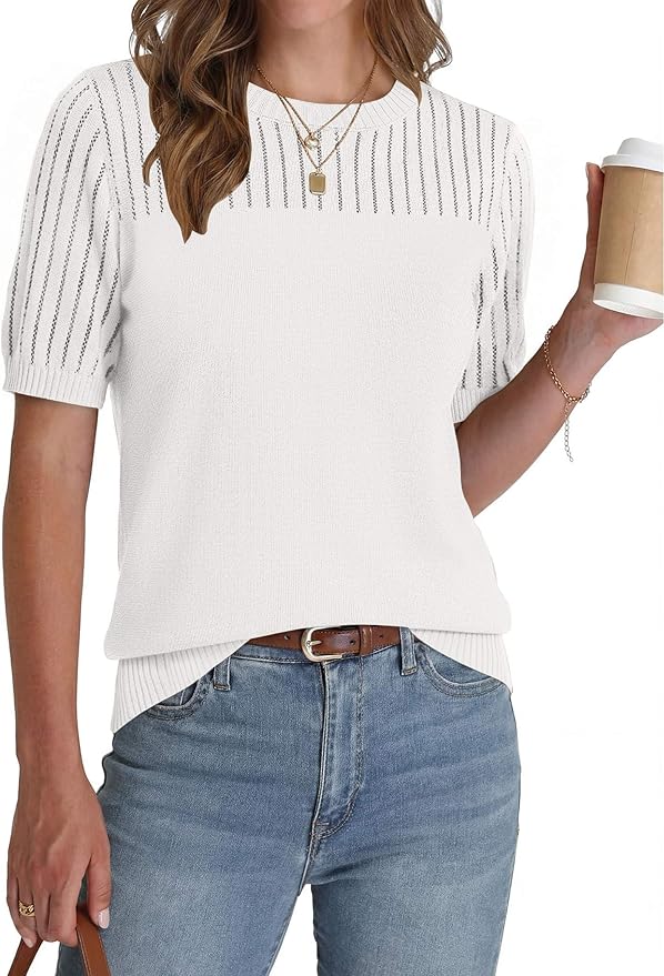 Zeagoo Women's Short Sleeve Sweater Tops 2026 Spring Summer Crew Neck Hollow Out Blouses Dressy Business Casual Outfits