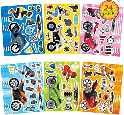 24 Sheets Motorcycle Stickers for Kids, Make a Motocross Face Sticker, Make Your Own Dirt Motobike Stickers for Kids Party Favor Birthday Party Supplies Crafts