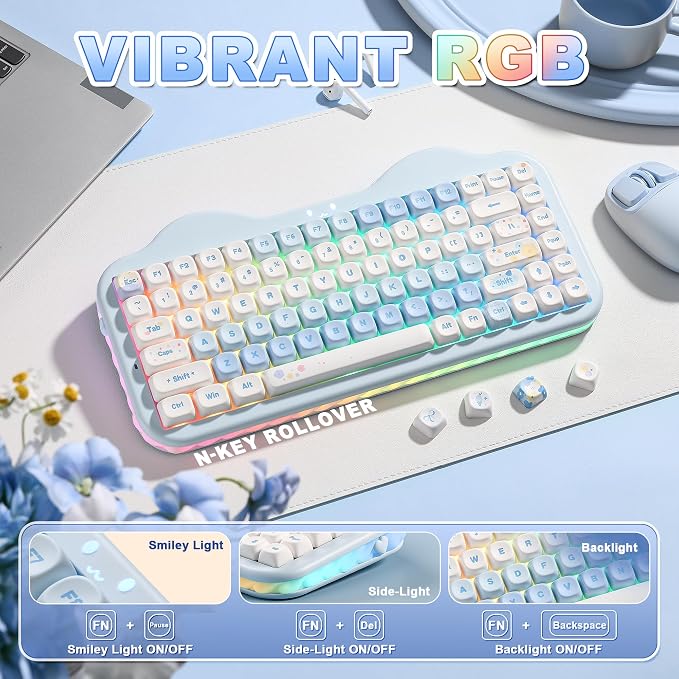 YUNZII C75 Cute 75% Wireless Mechanical Keyboard (Blue, Milk V2 Switch) | Creamy Cake Keyboard, BT5.0/2.4G/USB-C, Hot-Swap, NKRO, PBT MOA Keycaps,5500mAh RGB Gasket Mount for Mac/Win/Gaming/Office