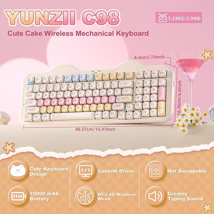 YUNZII C98 Cute Cake Wireless Mechanical Keyboard (Beige, Candy Switch) | 99 Keys with Number Pad, Hot Swap, PBT MOA Keycaps, BT5.0/2.4G/USB-C, Gasket Mount, Custom RGB Backlit for Win/Mac