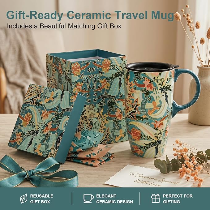 Topadorn 17oz Ceramic Travel Mug with Lid, Art Nouveau Floral Coffee Mug | Vintage Blue Botanical Latte Cup, Microwave & Dishwasher Safe Gift Mug for Home Office Commute