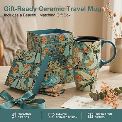 Topadorn 17oz Ceramic Travel Mug with Lid, Art Nouveau Floral Coffee Mug | Vintage Blue Botanical Latte Cup, Microwave & Dishwasher Safe Gift Mug for Home Office Commute