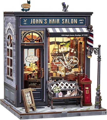 CUTEBEE Book Nook Kit - DIY Miniature House Dollhouse Kit for Adults, Booknook Hair Salon Barbershop Tiny House Bookshelf Decor 3D Wooden Puzzle, Gifts for Family and Friends (John's Hair Salon)