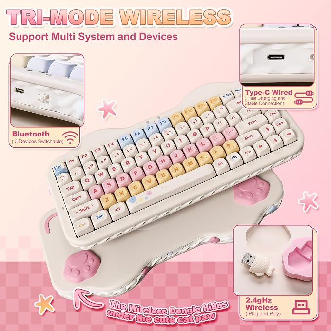 YUNZII C75 Cute 75% Wireless Mechanical Keyboard (Beige, Candy Switch) | Creamy Cake Keyboard, BT5.0/2.4G/USB-C, Hot-Swap, NKRO, PBT MOA Keycaps,5500mAh RGB Gasket Mount for Mac/Win/Gaming/Office
