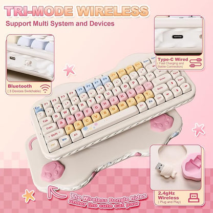 YUNZII C75 Cute 75% Wireless Mechanical Keyboard (Beige, Candy Switch) | Creamy Cake Keyboard, BT5.0/2.4G/USB-C, Hot-Swap, NKRO, PBT MOA Keycaps,5500mAh RGB Gasket Mount for Mac/Win/Gaming/Office