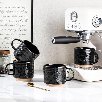 GBhome 12OZ Stackable Coffee Mugs, Ceramic Coffee Mugs with Texture Patterns for Man,Woman,Dad,Mom, Modern Coffee Mugs Set of 4 for Latte/Cappuccino/Cocoa. Dishwasher&Microwave Safe