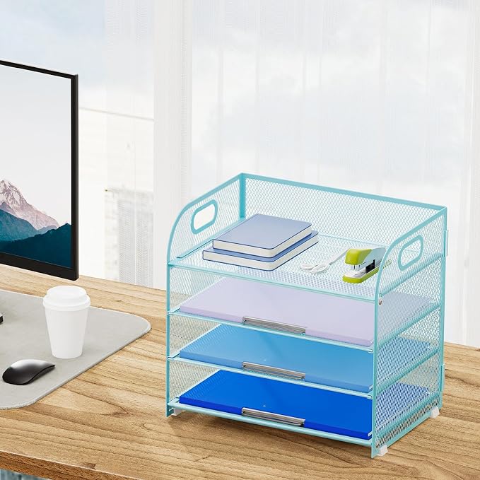 Marbrasse 4 Tier Paper Organizer Letter Tray - Mesh Desk File Organizer with Handle, Paper Sorter Organizer for Letter Office File Folder Holder (Blue, 12.6" x 9.1" x 10.7")