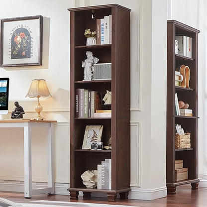 SAVOR LIFE Narrow Walnut Book Shelf, 70" Tall Skinny Bookshelf with Adjustable Shelves & Wooden Legs, Farmhouse Wood Bookcase w/5-Tier Open Storage, Free Standing Book Case for Office,Living Room,3PCS