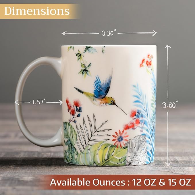 Maison d' Hermine Coffee Mug with Handles Tea Cups (15 Ounce, Pack of 1) | Fine Bone China Coffee Mugs for Hot Beverages Cappuccino Latte Home Restaurant Hotel Spring Summer -Tropiques - Colibris