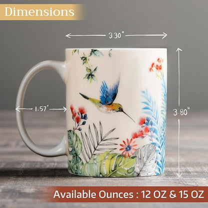 Maison d' Hermine Coffee Mug with Handles Tea Cups (15 Ounce, Pack of 1) | Fine Bone China Coffee Mugs for Hot Beverages Cappuccino Latte Home Restaurant Hotel Spring Summer -Tropiques - Colibris