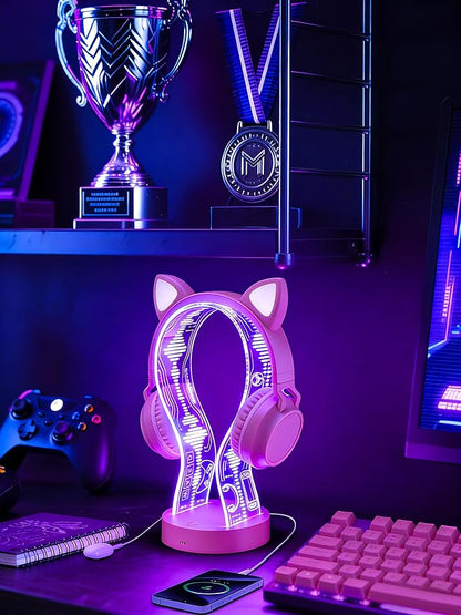 CoolGift Mart Light Up Headphone Stand with 16 Color Lights, Game Pattern Acrylic Headset Stand with 1 USB and 1 Type-C Charging Ports, Gifts for Girls Women Gamers and Music Lovers