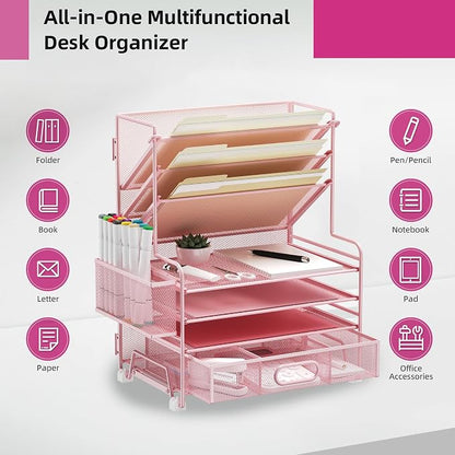 MINDEPOT 4-Tier Paper Organizer + 3-Pocket File Holder + Drawer + Pen Holders, Desktop File Organizers Paper Tray for Office Supplies School Classroom Organization (Pink, with Drawer & Pen Holder)