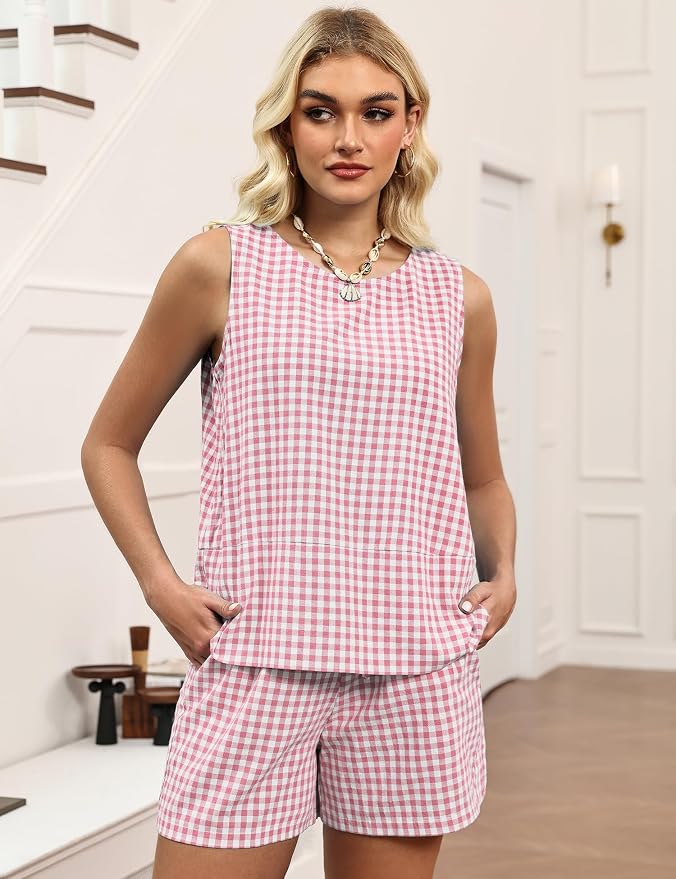 LOMON Women's Trendy 2 Piece Outfits Shorts Sets Summer Crew Neck Sleeveless Tank Top and Bottom Matching with Pockets 2026