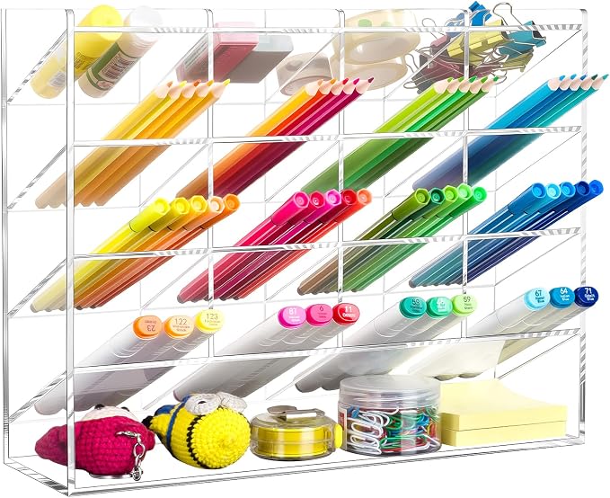 BEYGORM Acrylic Vertical Marker Organizer for 200 Markers, Desk Orgaizer | 17 Compartments Clear Angled Pen & Pencil Holder, Large Stationery & Art Supply Storage for School (13 x 10.2 x 4 Inch)