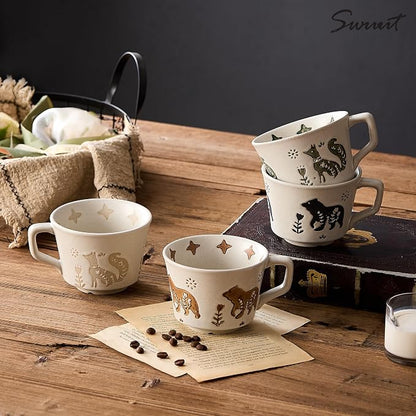 12 oz Vintage Ceramic Coffee Mug Set of 4 - Handmade Stoneware Pottery Countryside Farmhouse Fall Autumn Tea Mugs with Big Handle for Latte,Cocoa,Dishwasher & Microwave Safe Cups (Animals)