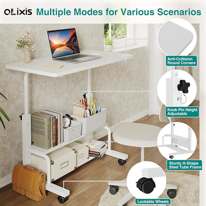 OLIXIS Rolling Desk, Storage Shelves, Laptop Table, Home Office | Height Adjustable Design, Computer Desks on Wheels, Portable for Small Spaces Use, White