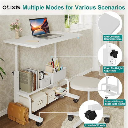 OLIXIS Rolling Desk, Storage Shelves, Laptop Table, Home Office | Height Adjustable Design, Computer Desks on Wheels, Portable for Small Spaces Use, White
