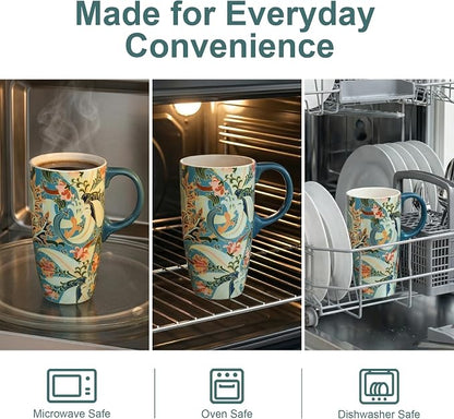 Topadorn 17oz Ceramic Travel Mug with Lid, Art Nouveau Floral Coffee Mug | Vintage Blue Botanical Latte Cup, Microwave & Dishwasher Safe Gift Mug for Home Office Commute