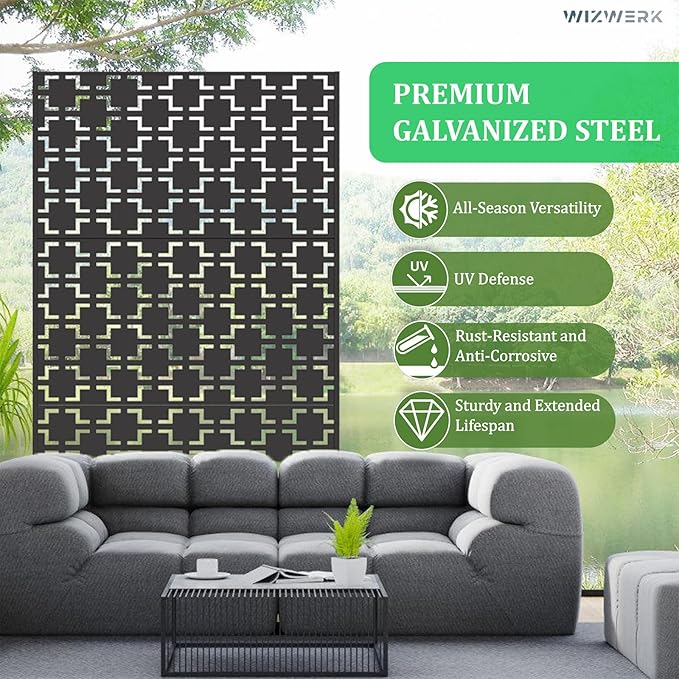 6FT Outdoor Metal Privacy Screen – Decorative Privacy Fence and Room/Garden Divider, Weather-Resistant Freestanding Panel with Stand, Durable Steel for Patio, Garden, Balcony, or Backyard
