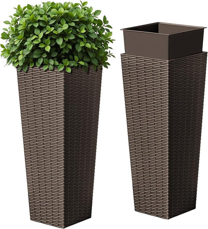 Devoko Resin Tall Planters for Outdoor Plants Set of 2, Large Taper Outdoor Planter Pots with 4 Drainage Holes, Flower Pots Modern Decor for Porch, Patio, Backyard, Home Garden (Brown, 24")