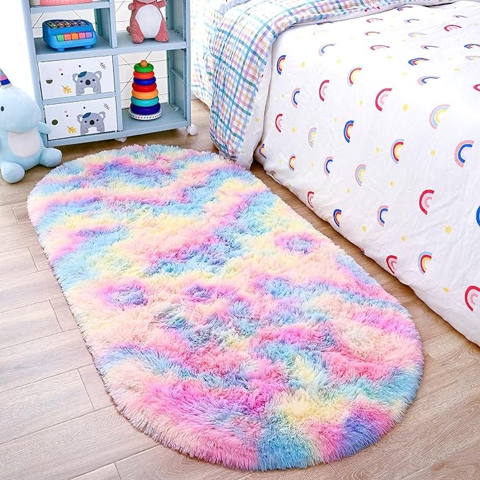 Noahas Rainbow Rug for Kids Room,Fluffy Rugs for Bedroom,2'X 5' Oval Ultra Soft Bedroom Rugs,Small Throw Rugs, Kids Room Carpet Modern Shaggy Area Rugs Home Decor