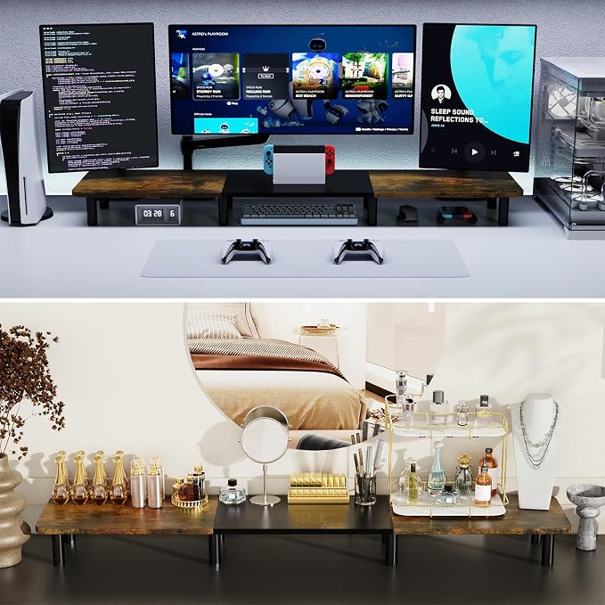 43.7" Extra Long Dual Monitor Stand Riser, Wood & Steel Monitor Stand for 2 Monitors, Wide TV Stand, Desktop Riser for Desk Organization, Home Office、Laptop,Printer,TV (Vintage black)